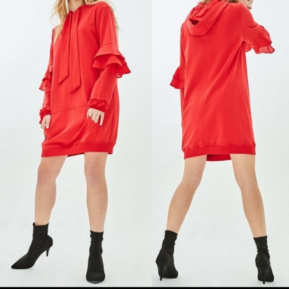 Elvi Red hoodie dress with long sleeves ruffle detail size 4 pocket